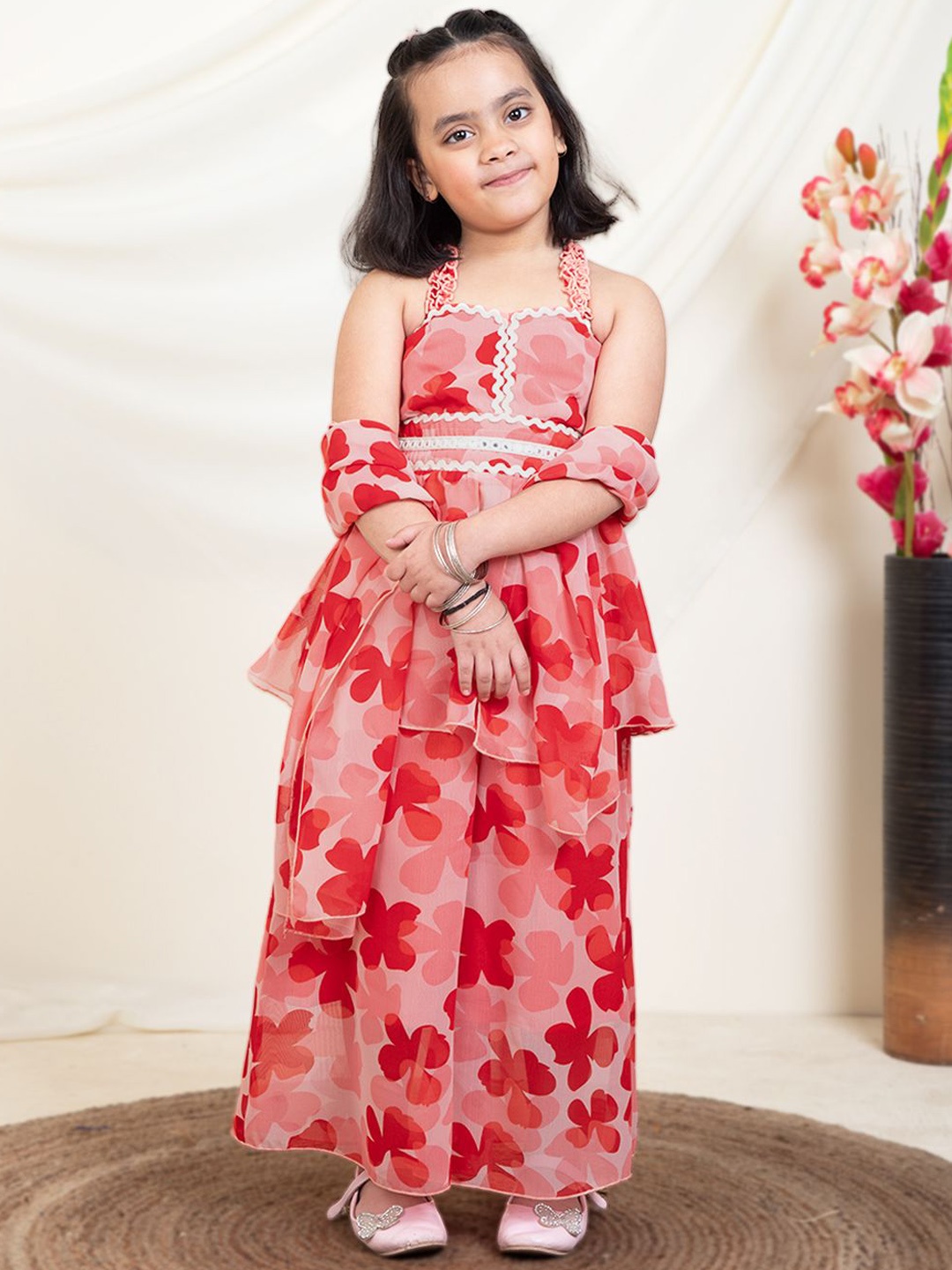 

Bugandbees Girls Floral Printed Square Neck Peplum Top & Palazzo With Dupatta, Red