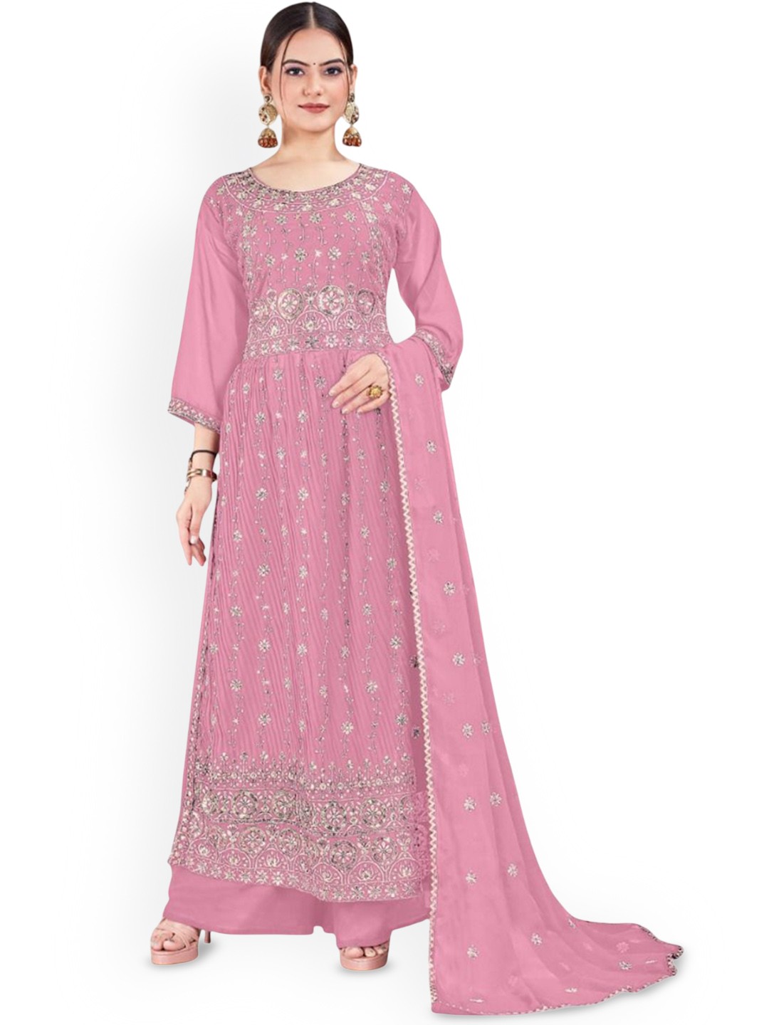 

RUDRAA FAB Ethnic Motifs Embroidered Georgette Pakistani Style Kurta & Palazzos & Dupatta, Pink