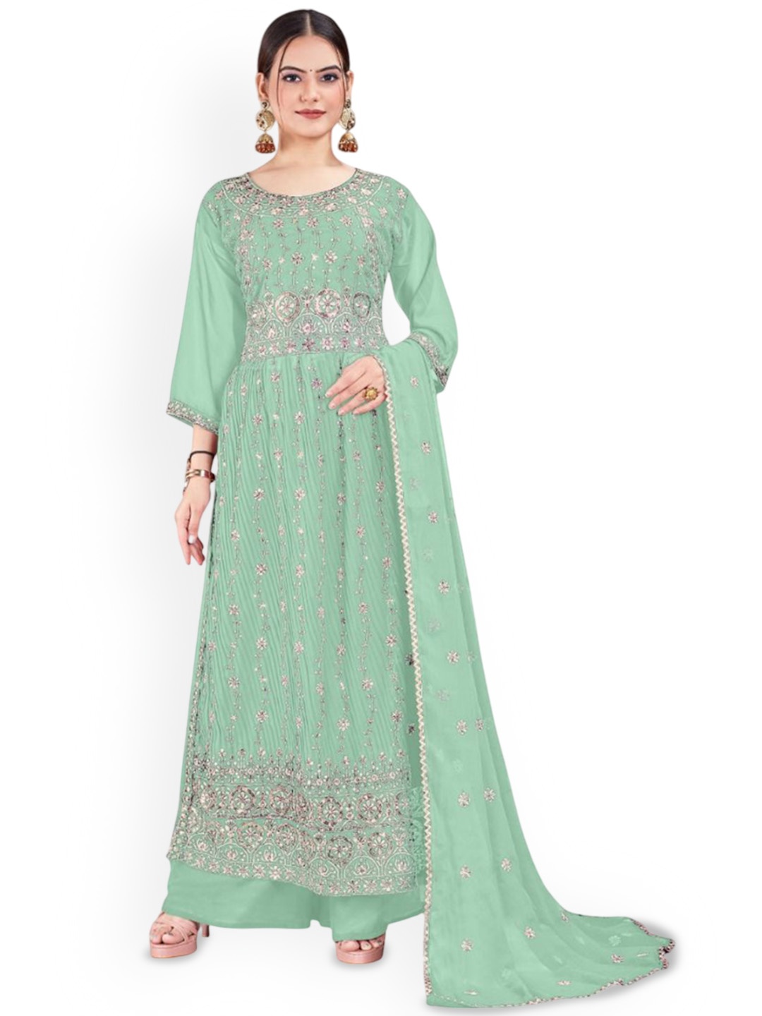 

RUDRAA FAB Ethnic Motifs Embroidered Georgette Pakistani Style Kurta & Palazzos & Dupatta, Green
