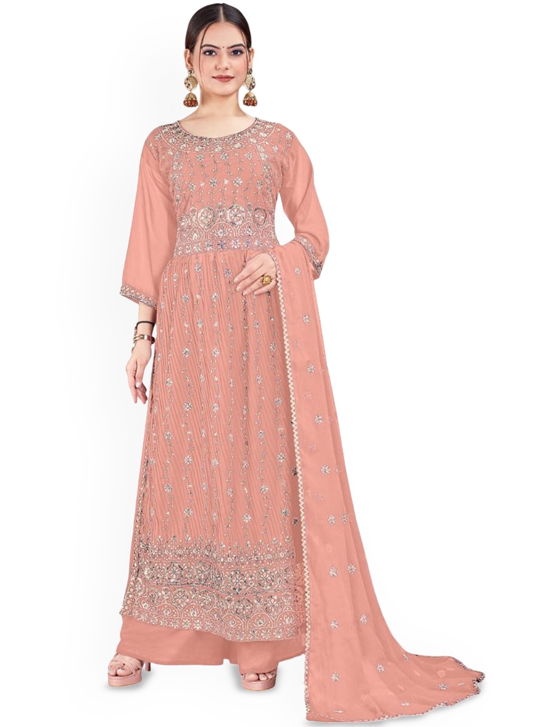 

RUDRAA FAB Ethnic Motifs Embroidered Georgette Pakistani Style Kurta & Palazzos & Dupatta, Peach