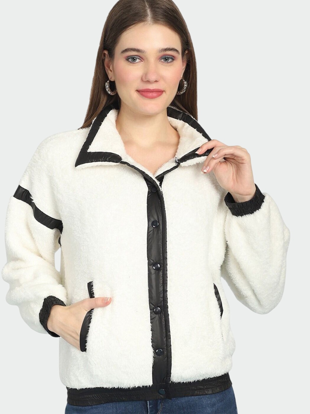 

JAKANARY Women Geometric Striped Faux Fur Outdoor Tailored Jacket, White