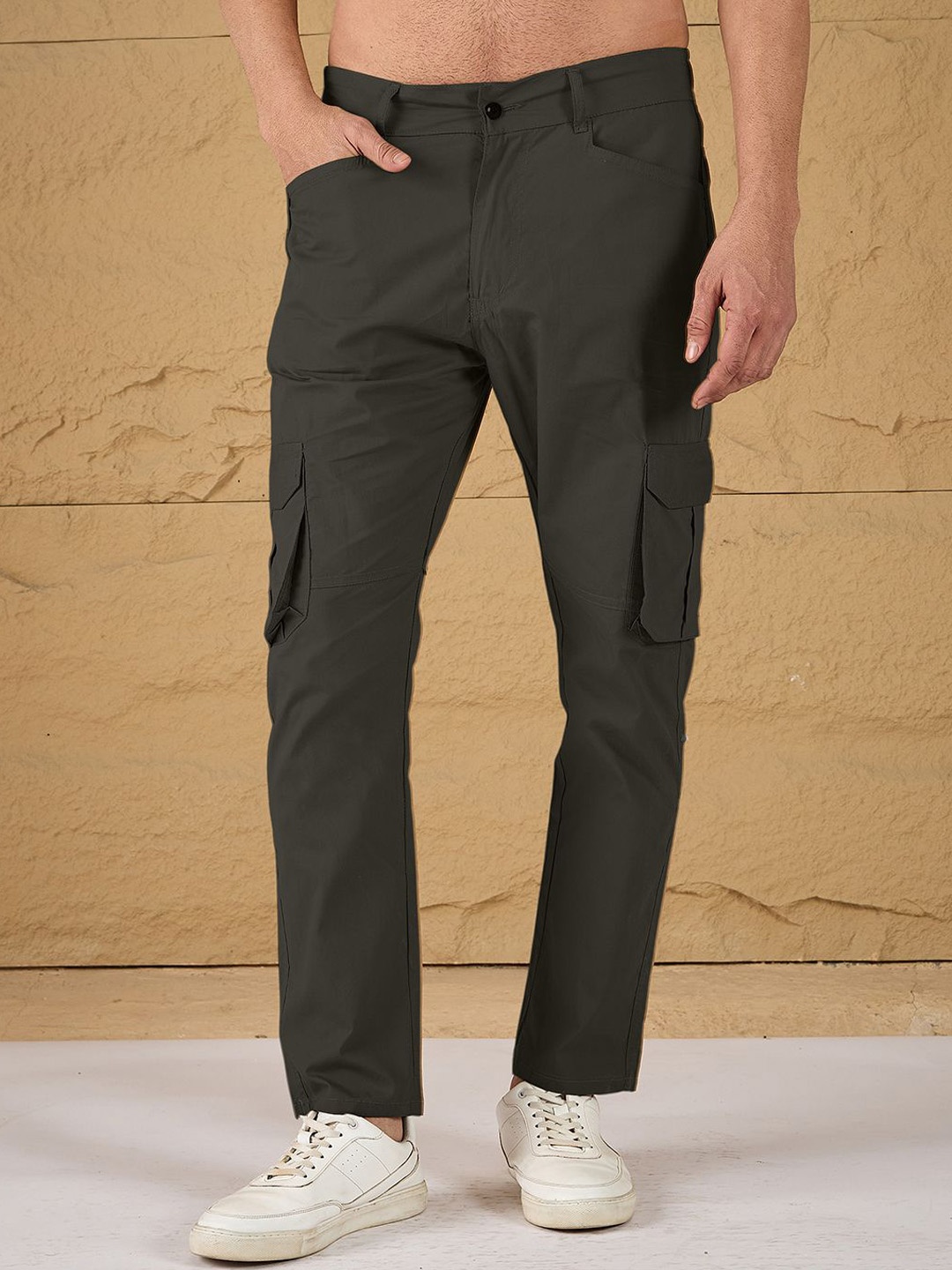 

all yours Men Relaxed Fit Mid-Rise Cotton Cargos Trousers, Grey