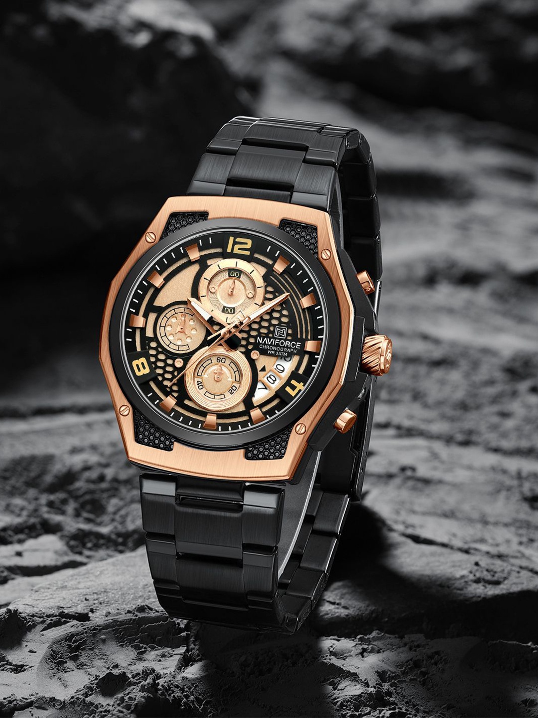 

Naviforce Men Skeleton Dial & Stainless Steel Analogue Chronograph Watch NF8051S_RG/B/B, Rose gold