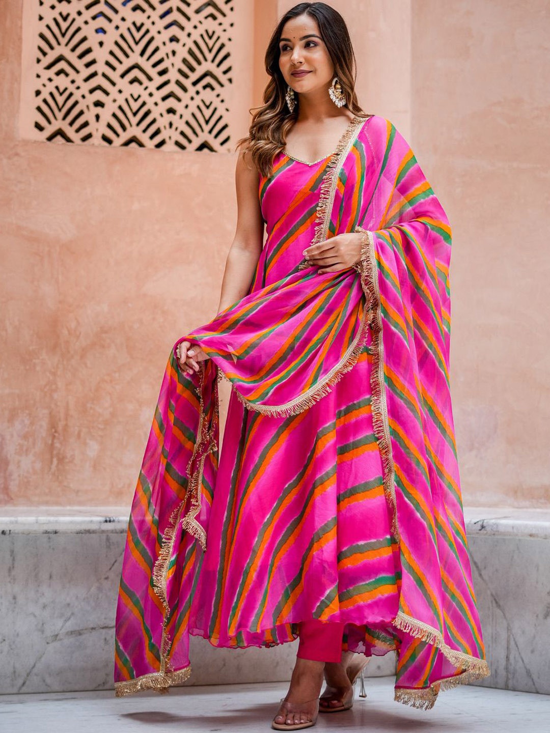 

Mirayaz Leheriya Printed Empire V-Neck Chiffon Anarkali Kurta With Trouser And Dupatta, Pink