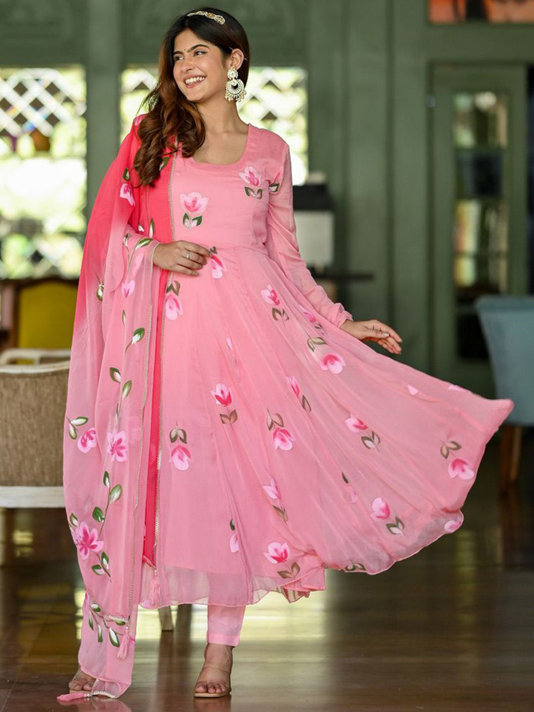 

Mirayaz Floral Printed Round Neck Chiffon Anarkali Kurta With Trousers And Dupatta, Pink