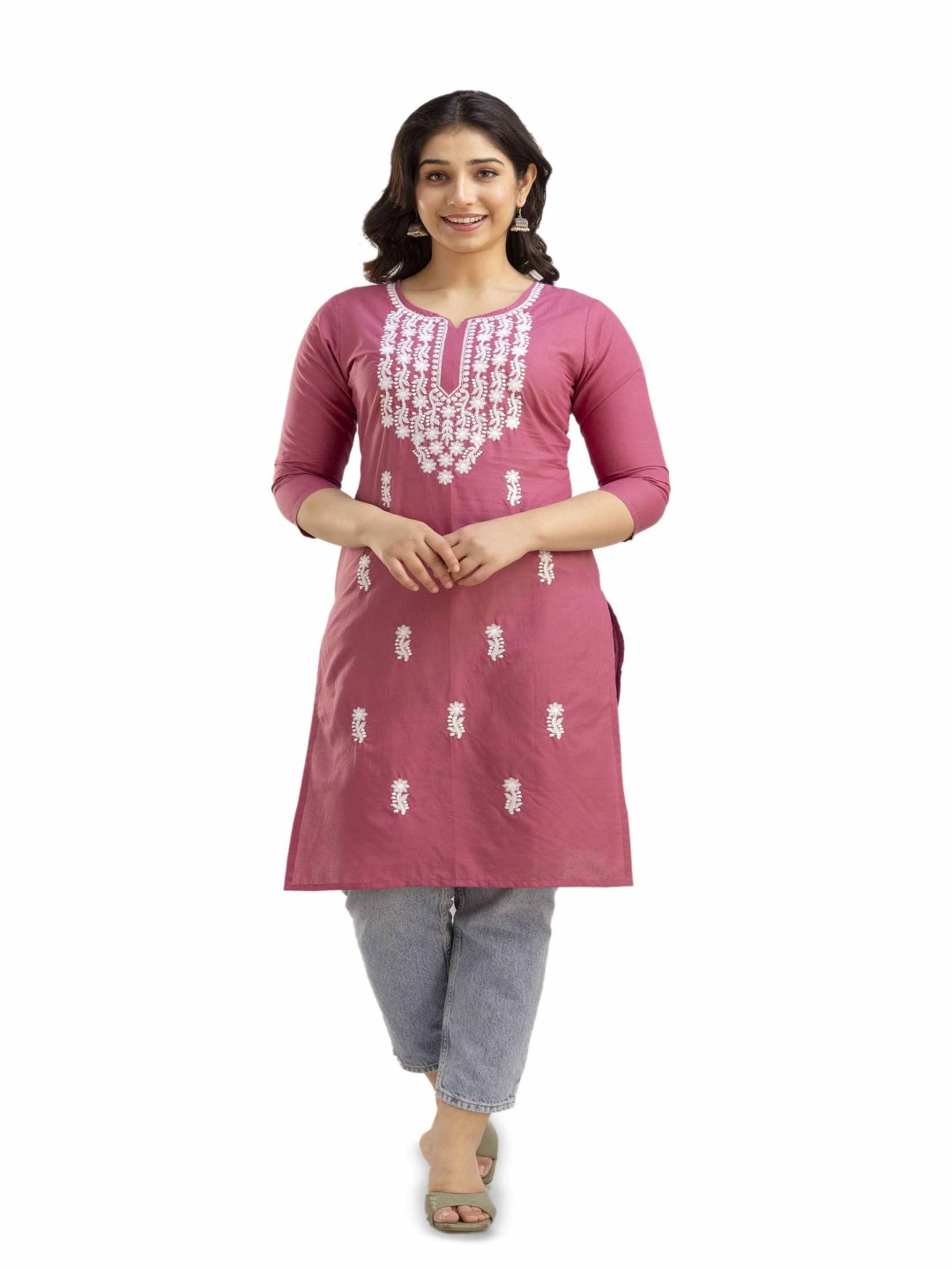 

GUNDIA FASHION Floral Embroidered Notch Neck Thread Work Pure Cotton Straight Kurta, Pink