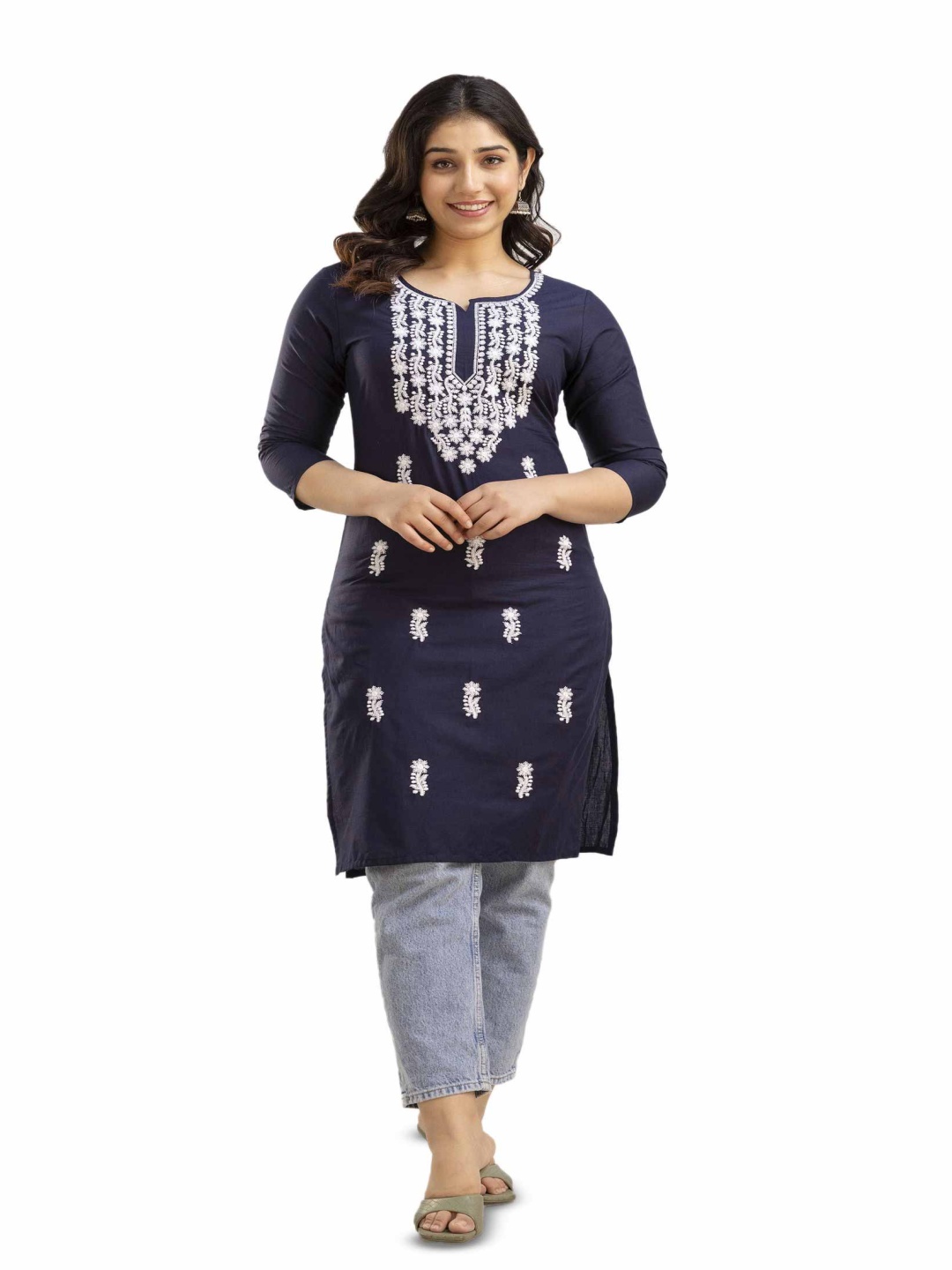 

GUNDIA FASHION Floral Embroidered Notch Neck Thread Work Pure Cotton Straight Kurta, Navy blue