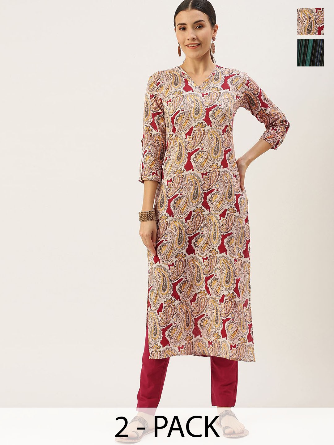 

KALINI Selection of 2 Floral Printed V-Neck Straight Kurta with Trousers, Beige