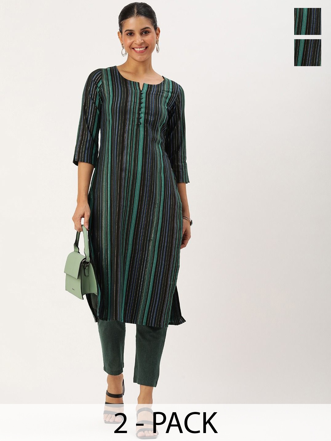 

KALINI Selection of 2 Striped Notch Neck Straight Kurtas with Trousers, Green