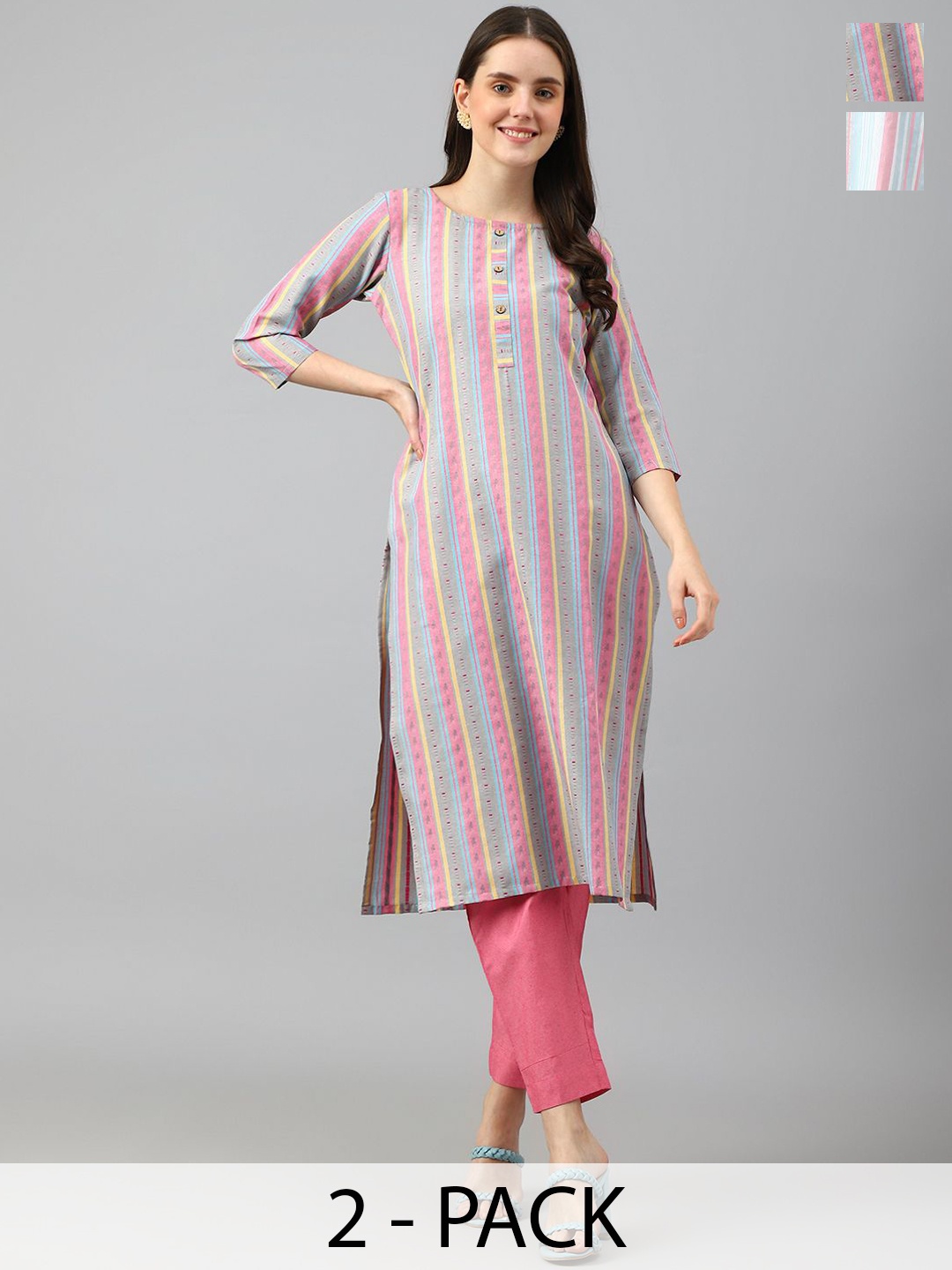 

KALINI Selection of 2 Striped Round Neck Straight Kurta with Trousers, Peach