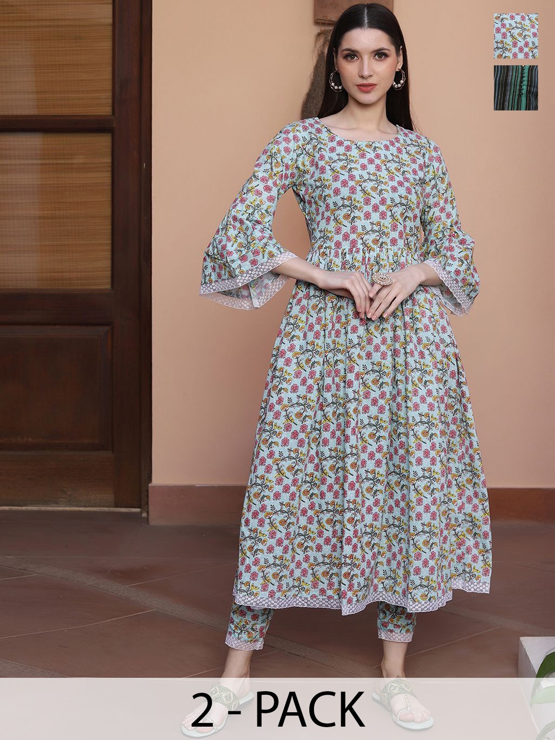 KALINI Selection of 2 Floral Printed Empire Kurta with Trousers, Blue