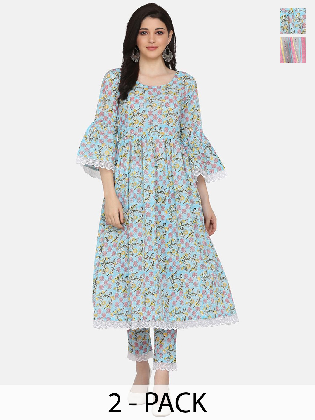 

KALINI Selection of 2 Floral Printed Empire Kurta with Trousers, Blue