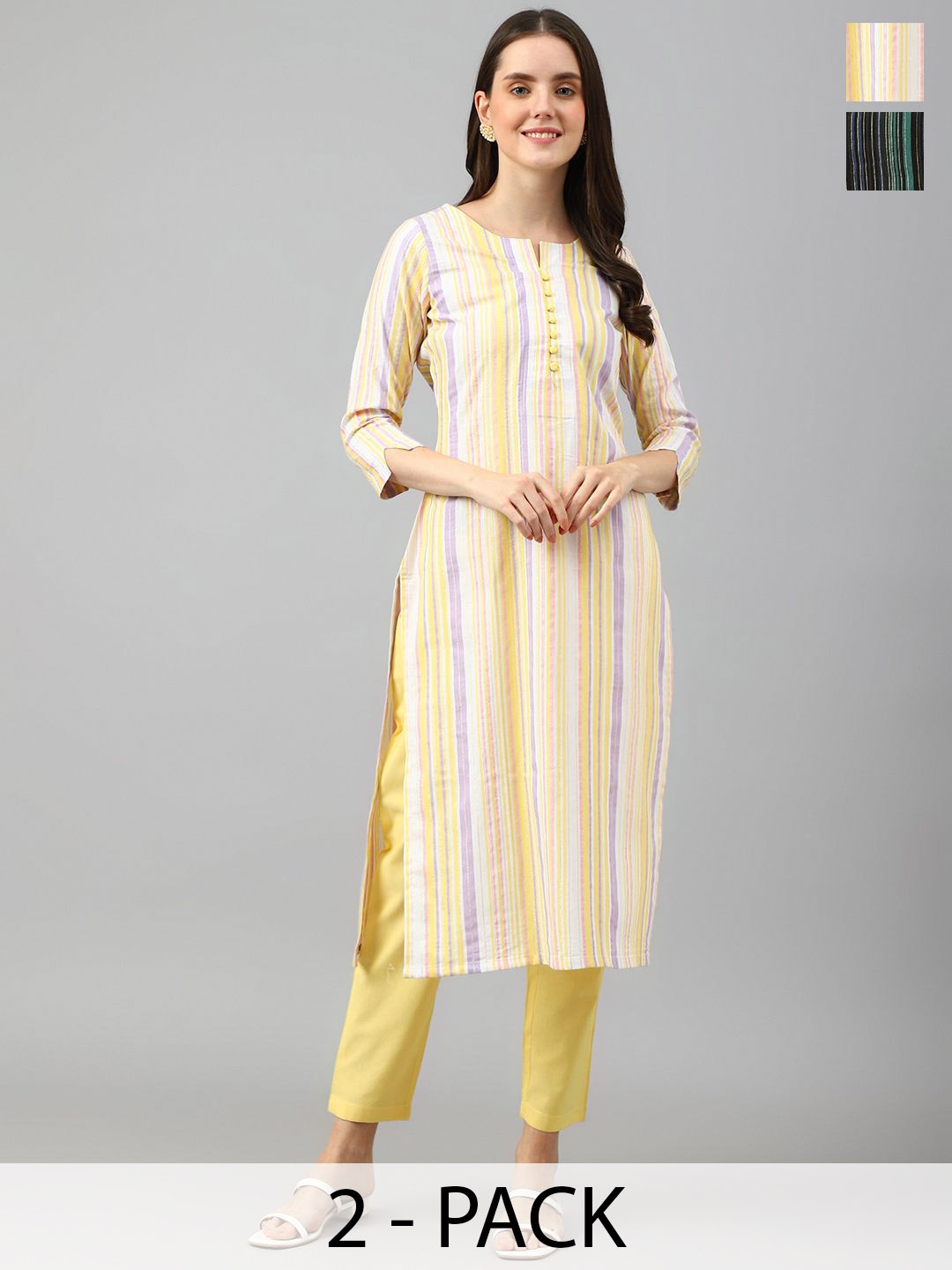 

KALINI Selection of 2 Striped Notch Neck Straight Kurta with Trousers, Yellow