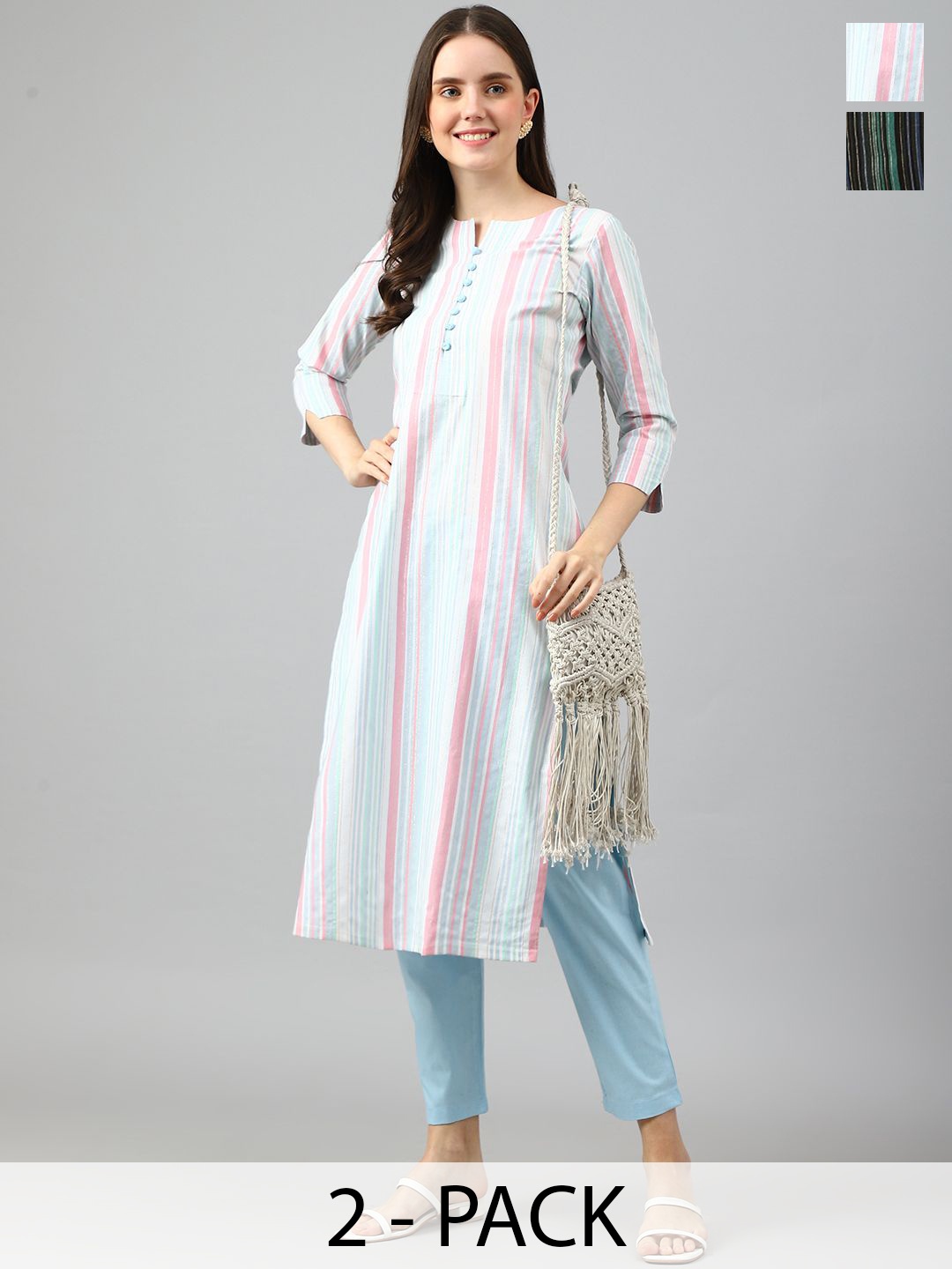 

KALINI Selection of 2 Striped Notch Neck Straight Kurta with Trousers, Blue