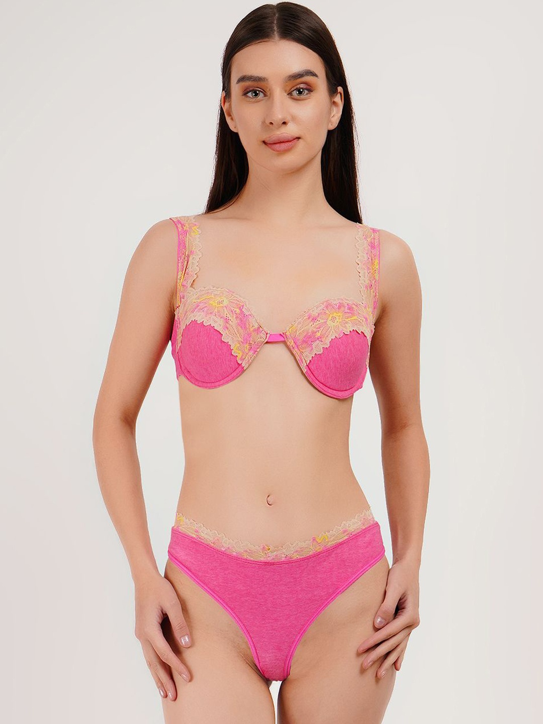 

CURWISH Self Design Balcony Push-Up Bra Lingerie Set, Pink