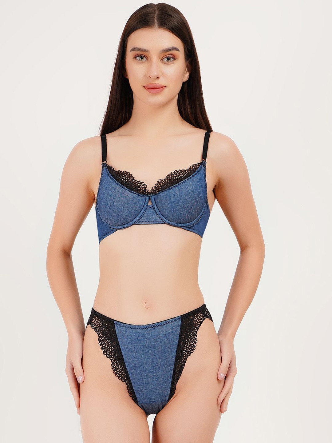 

CURWISH Women Self Design Padded Denim Lace Lingerie Set, Navy blue