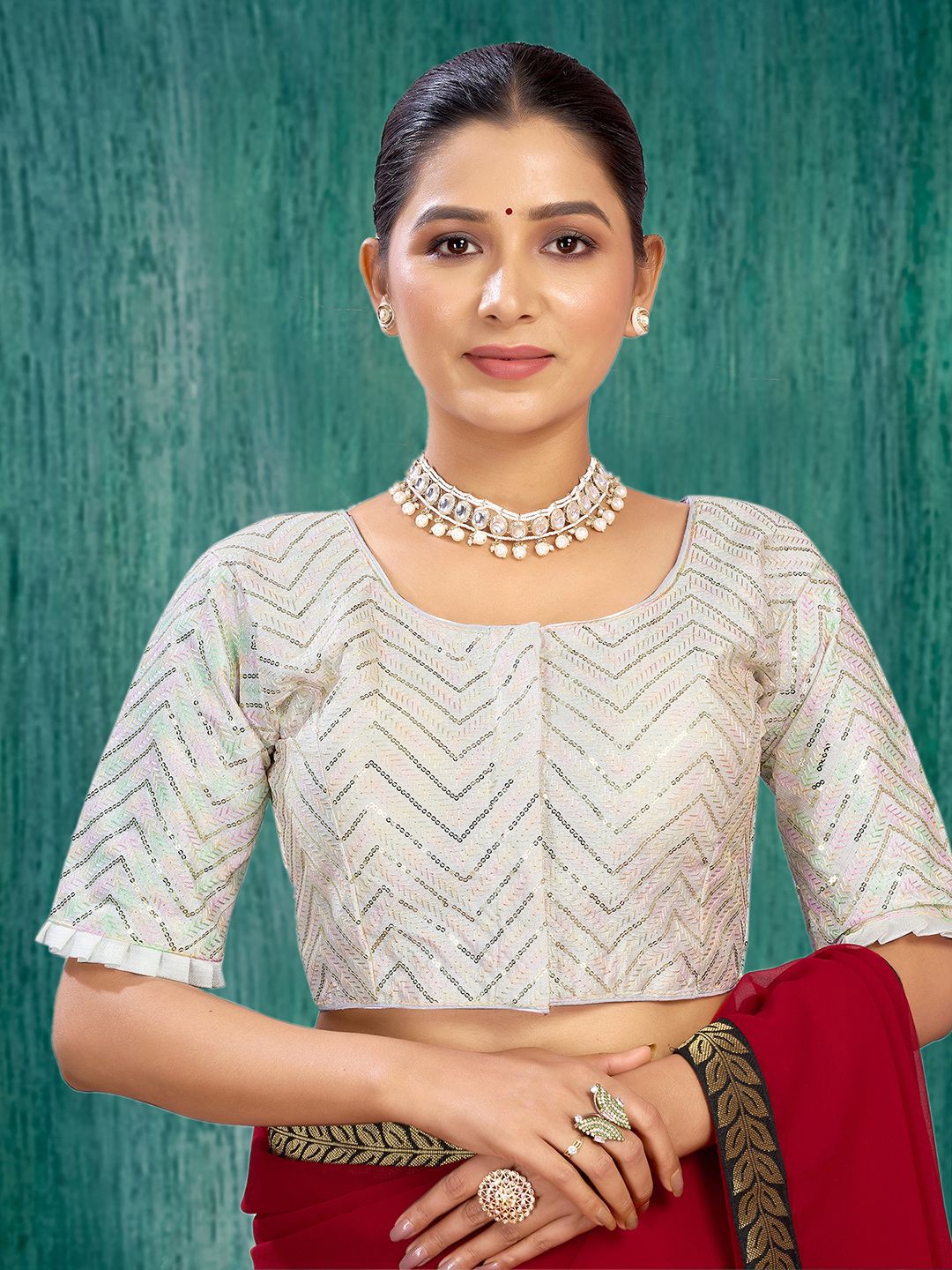 

Kalini Embroidered Fully Stitched Padded Blouse, White