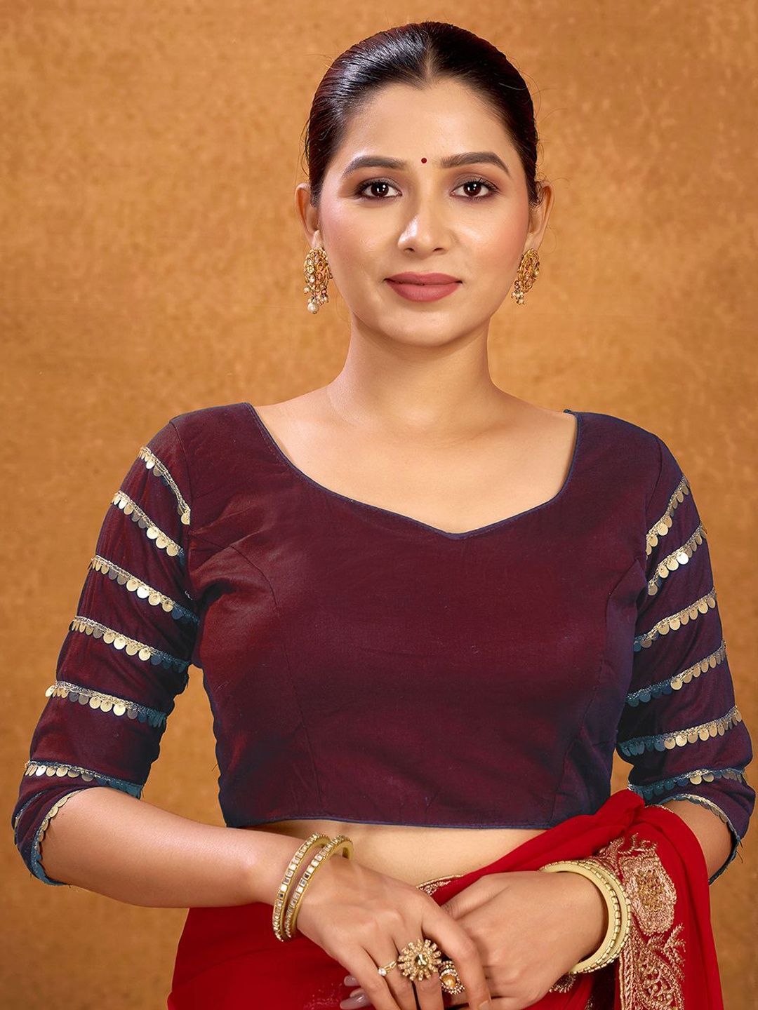 

KALINI Embellished Cotton Fully Stitched Padded Saree Blouse, Maroon