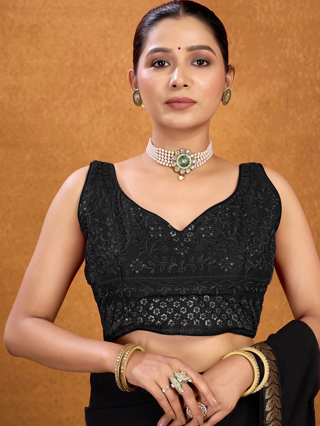 

KALINI Embellished Saree Blouse, Black