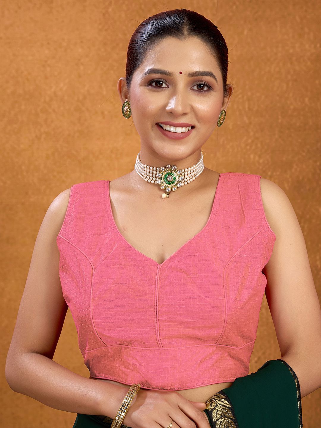 

KALINI V Neck Padded Saree Blouse, Pink