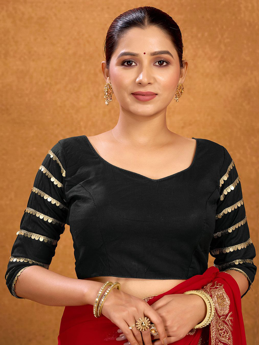 

KALINI Cotton Sweetheart Neck Padded Saree Blouse With Gotta Patti Details, Black