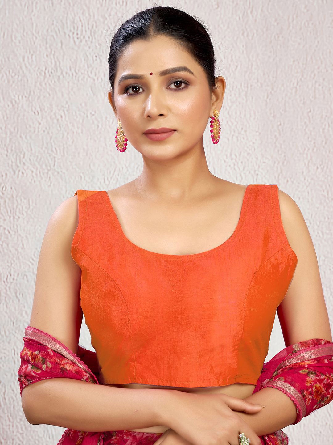

KALINI Women Round Neck Padded Saree Blouse, Orange