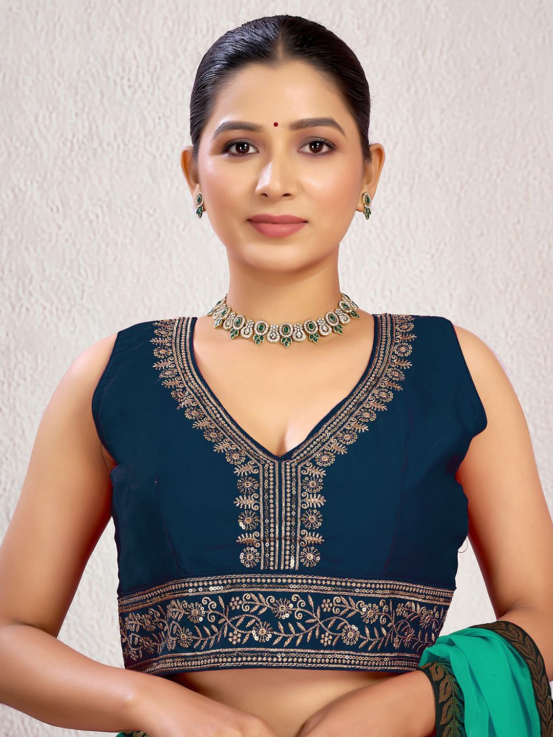 

KALINI Embroidered Fully Stitched Padded Saree Blouse, Teal