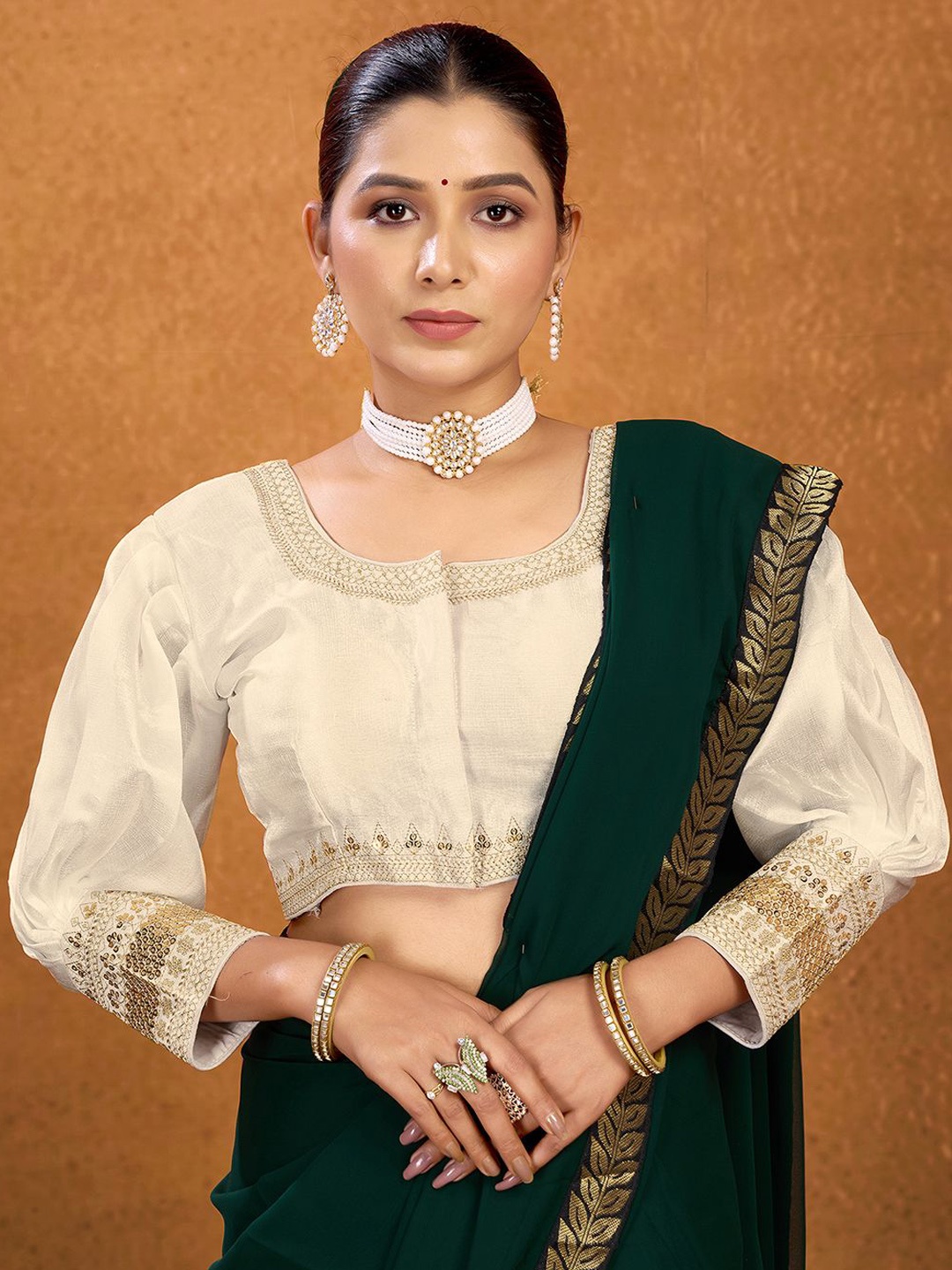 

KALINI Women Embellished Padded Saree Blouse, Cream