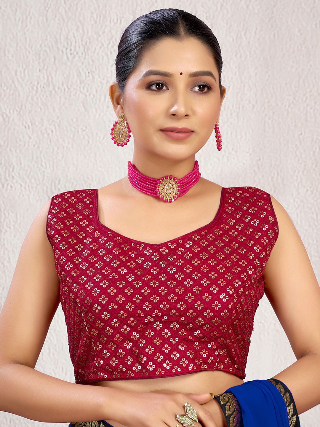 

KALINI Embellished Padded Sweetheart Neck Saree Blouse, Maroon