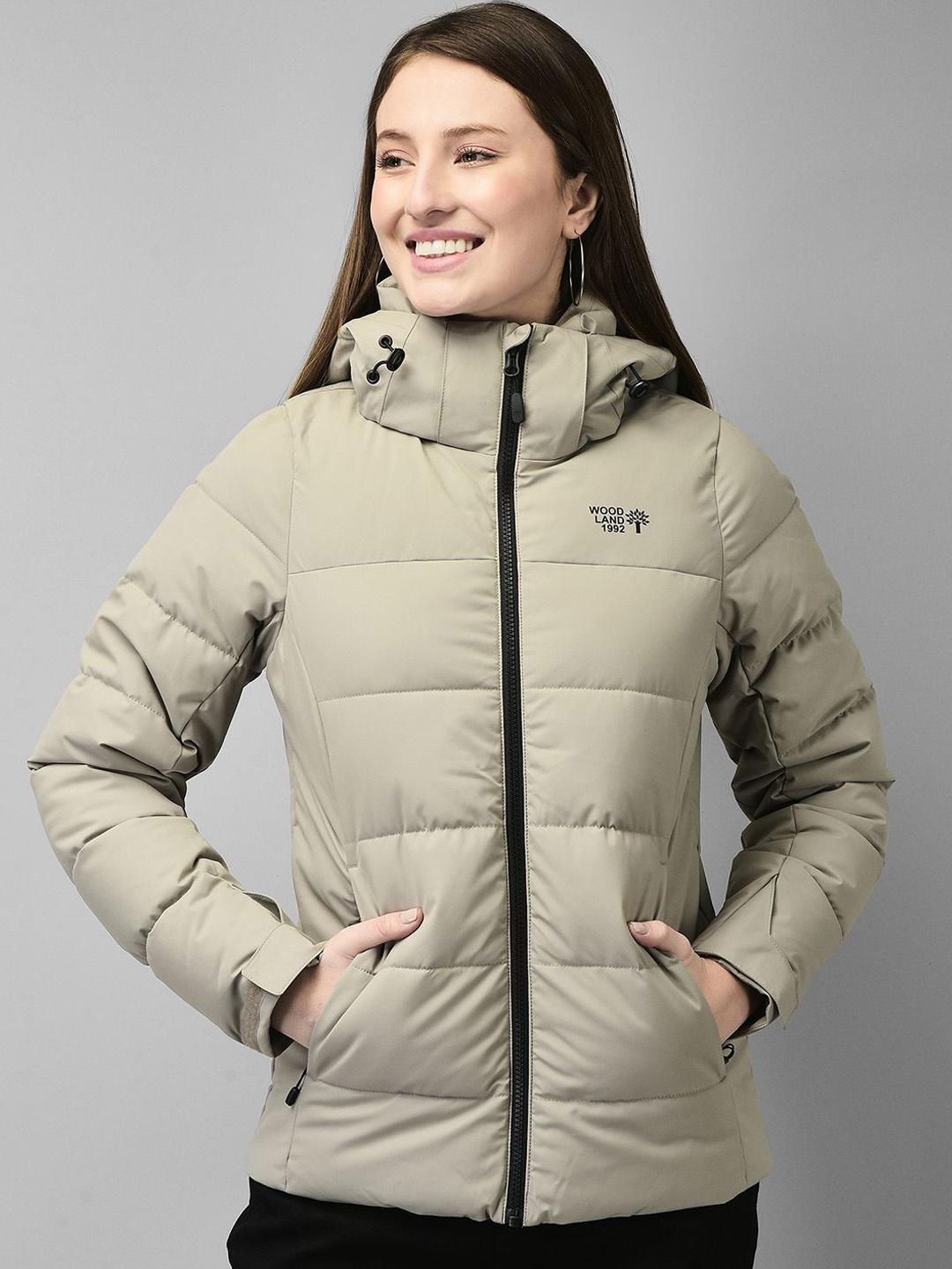 

Woodland Women Hooded Solid Casual Padded Jacket, Grey