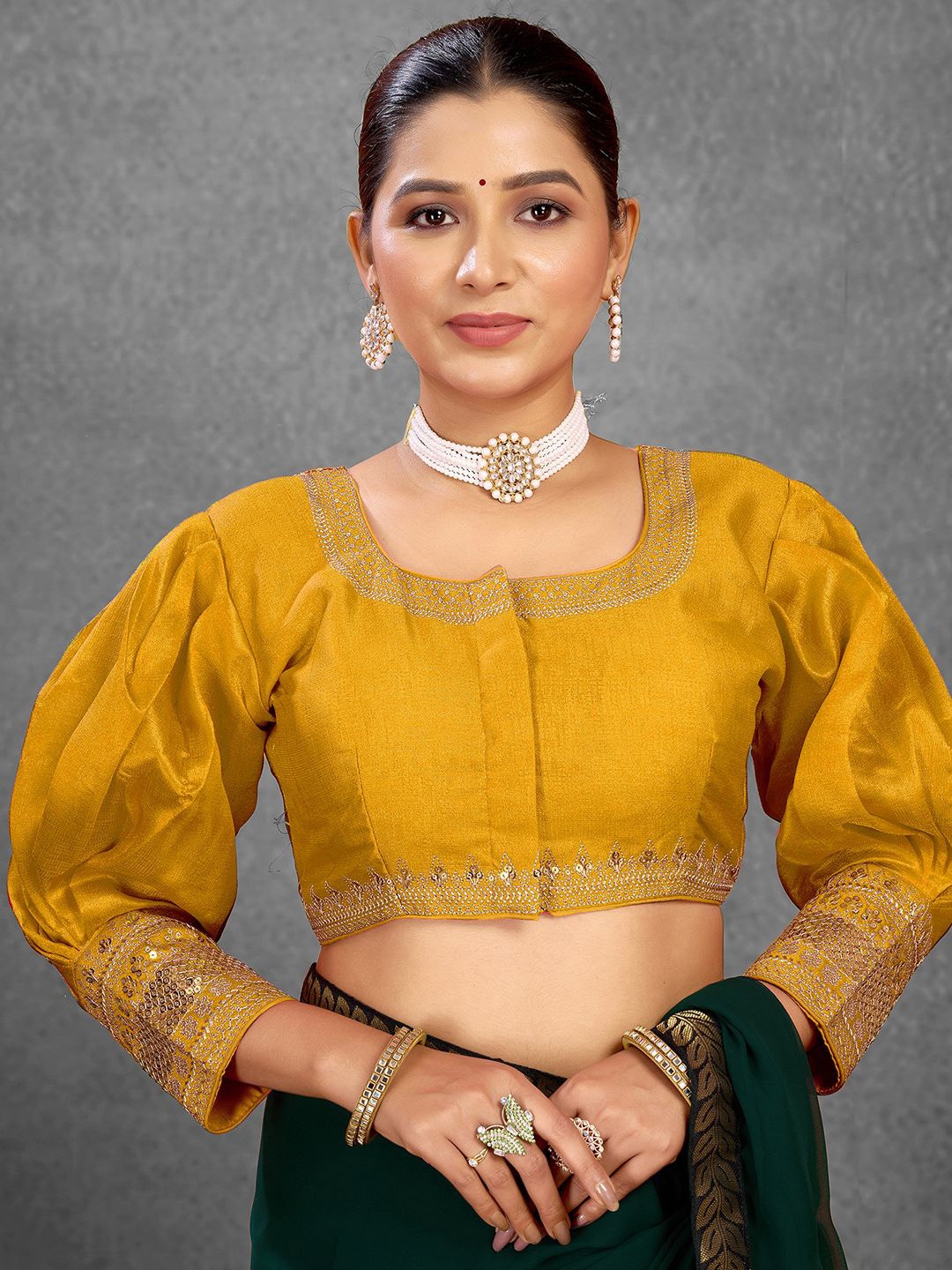 

KALINI Women Embroidered Saree Blouse, Mustard