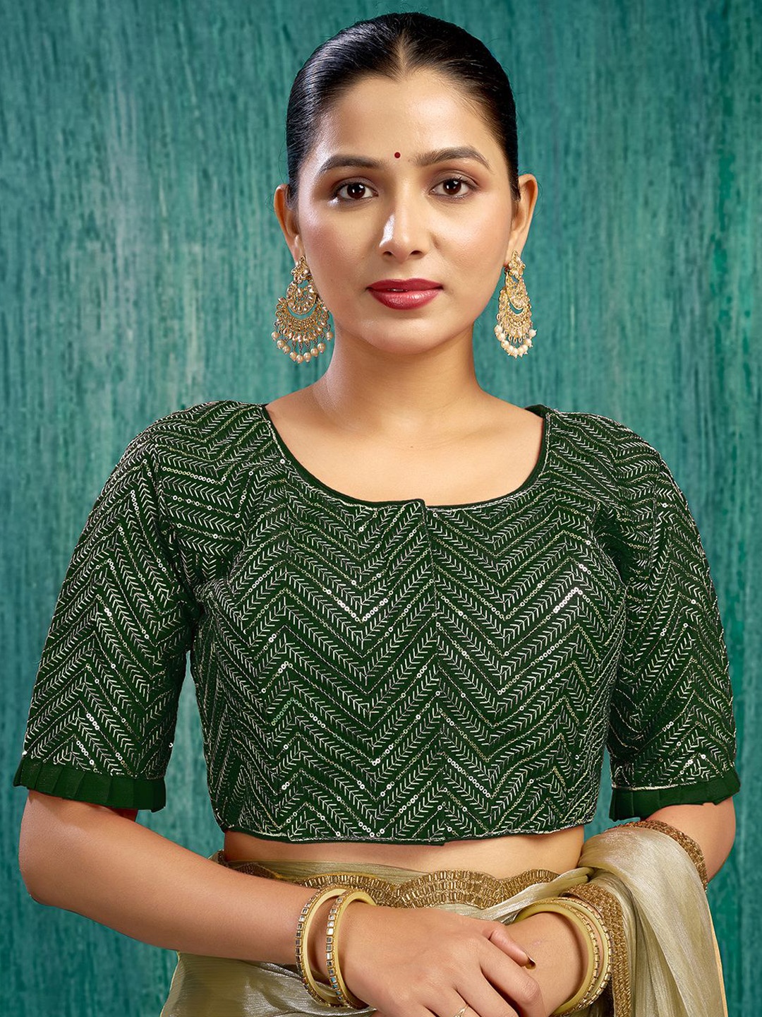 

KALINI Women Embroidered Padded Saree Blouse, Green