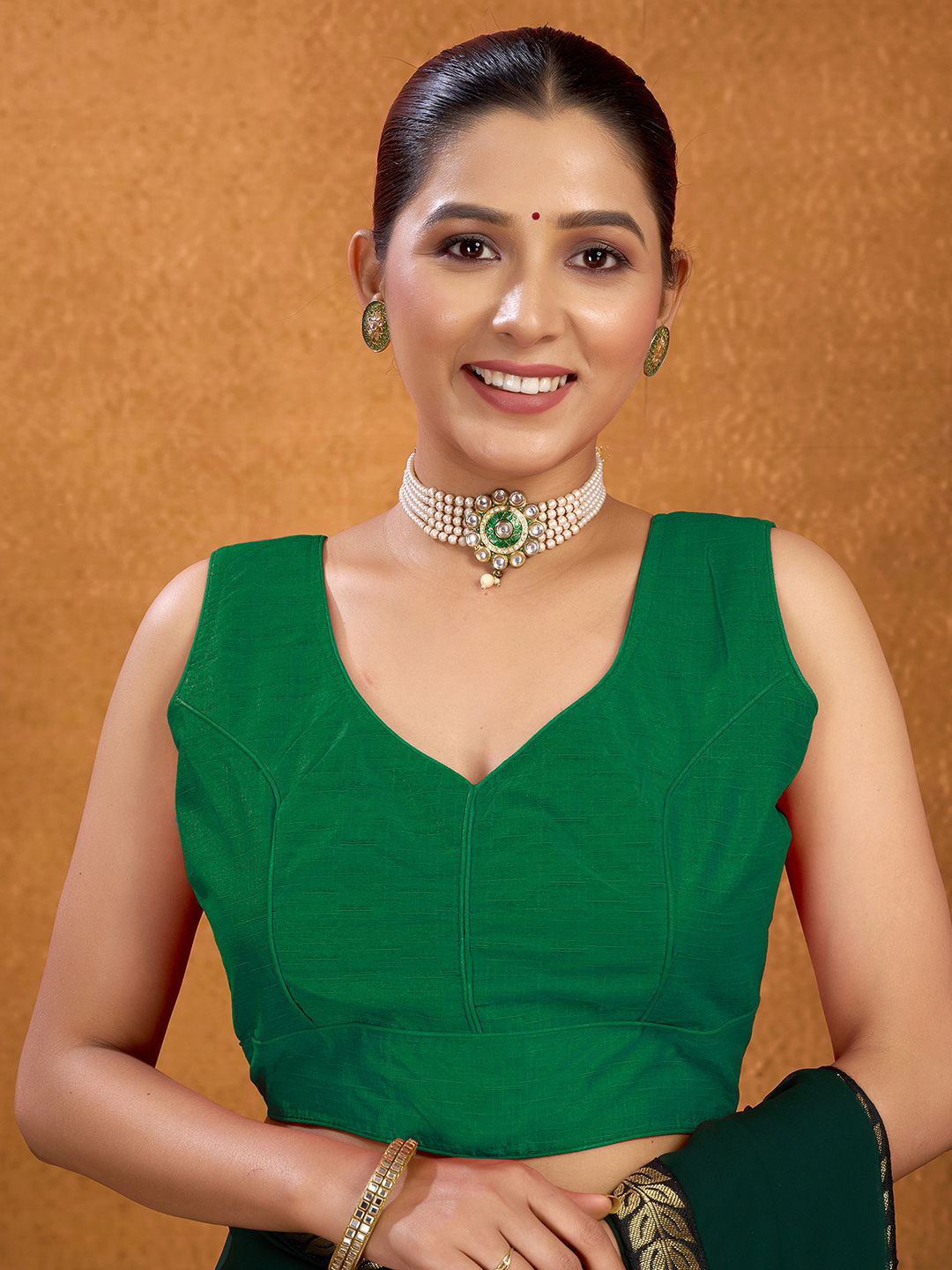 

KALINI V Neck Padded Silk Saree Blouse, Green