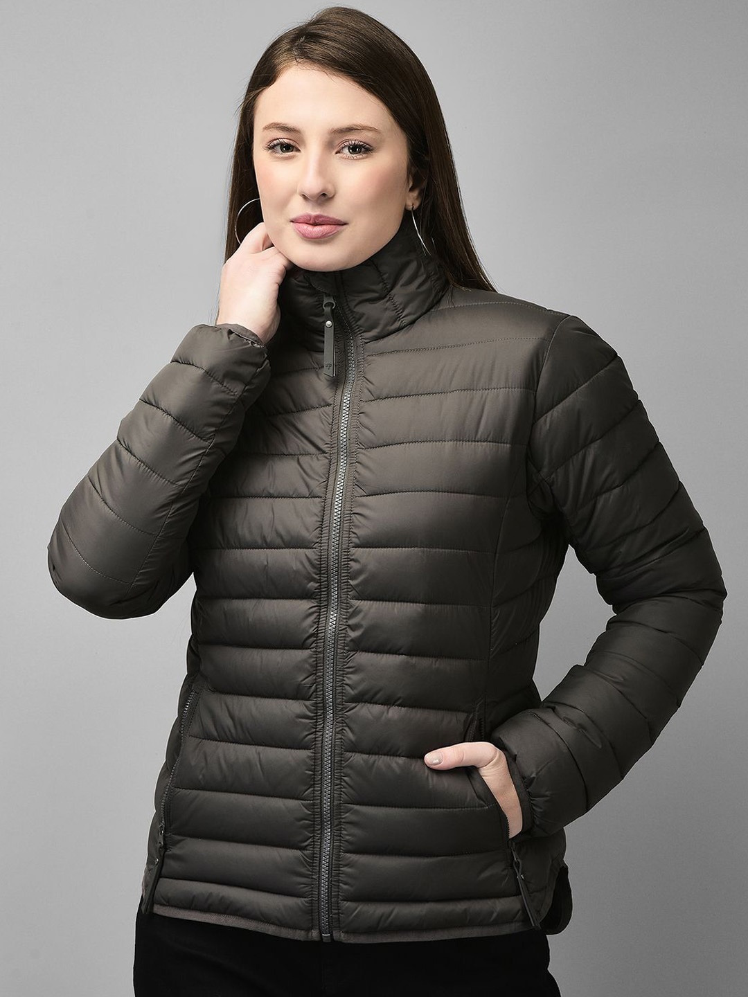 

Woodland Women Mock Collar Solid Casual Padded Jacket, Olive