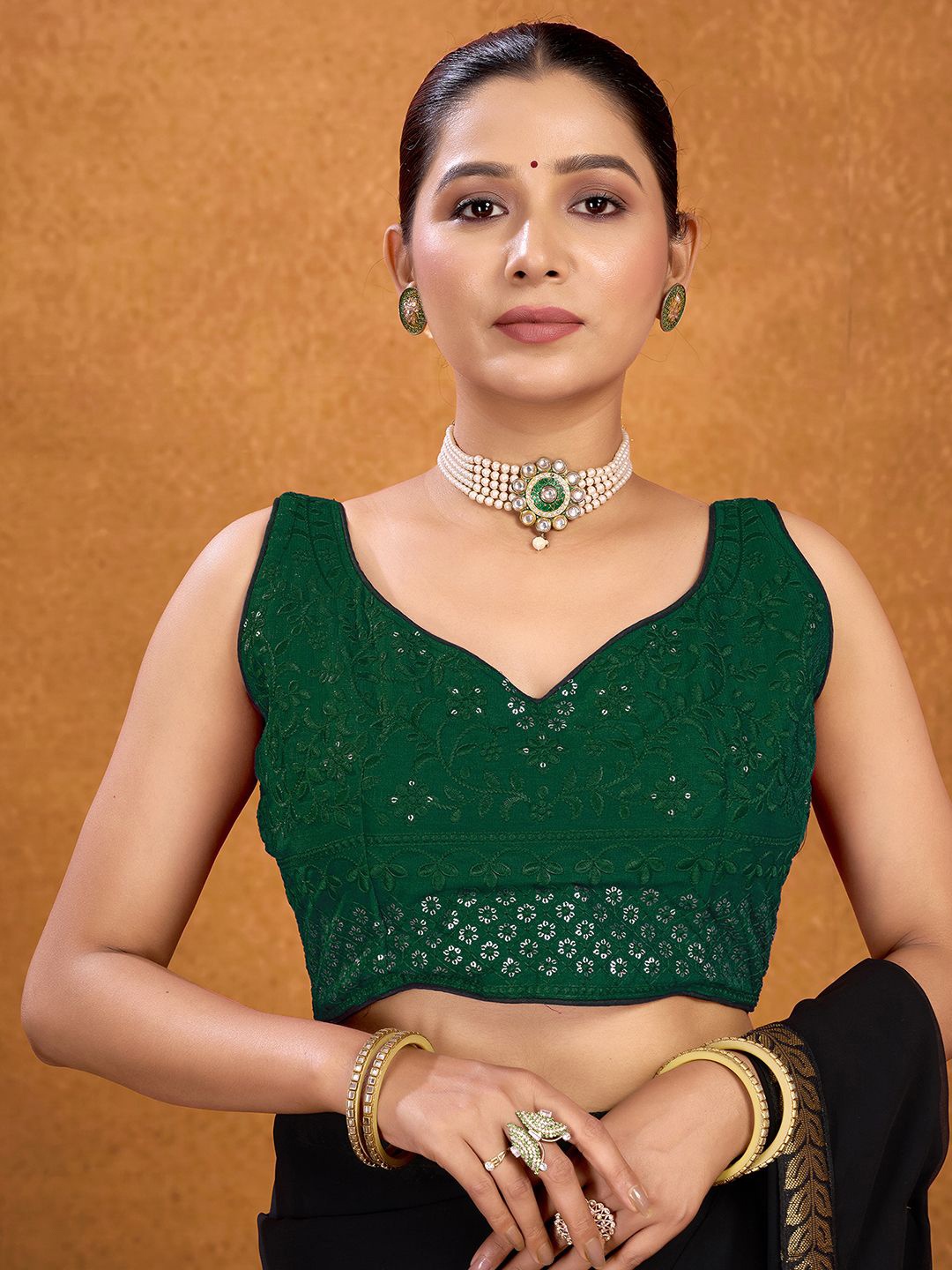

KALINI Sequinned Fully Stitched Padded Saree Blouse, Green