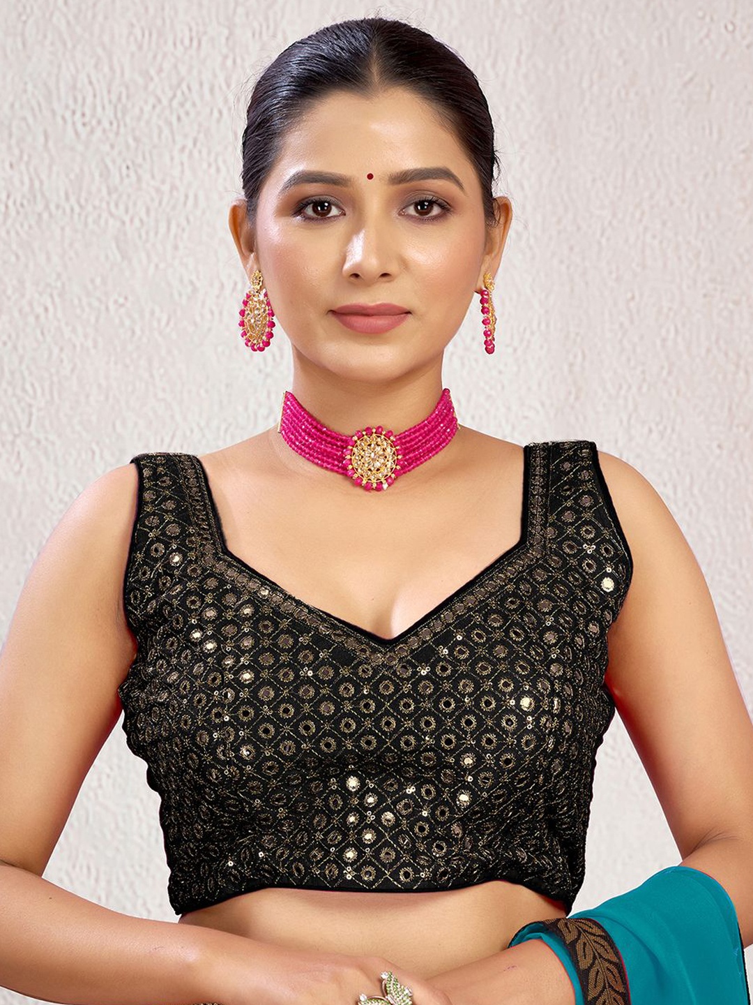 

KALINI Embellished V-Neck Padded Sweetheart Neck Saree Blouse, Black