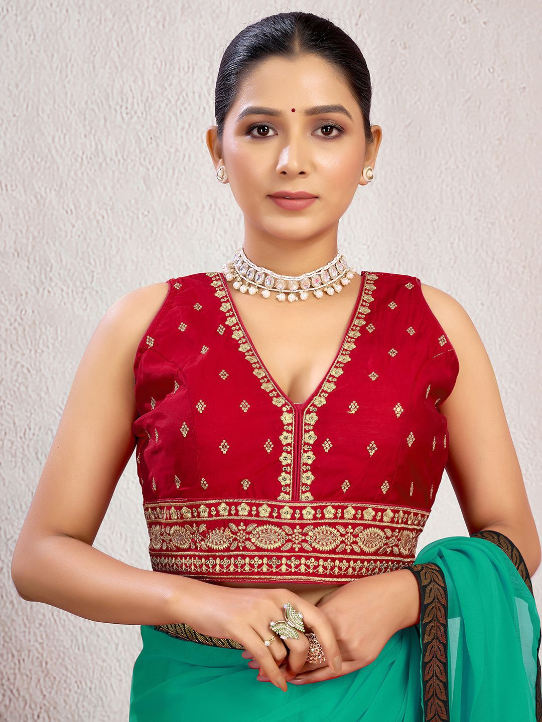

KALINI Women Embellished V Neck Padded Saree Blouse, Red