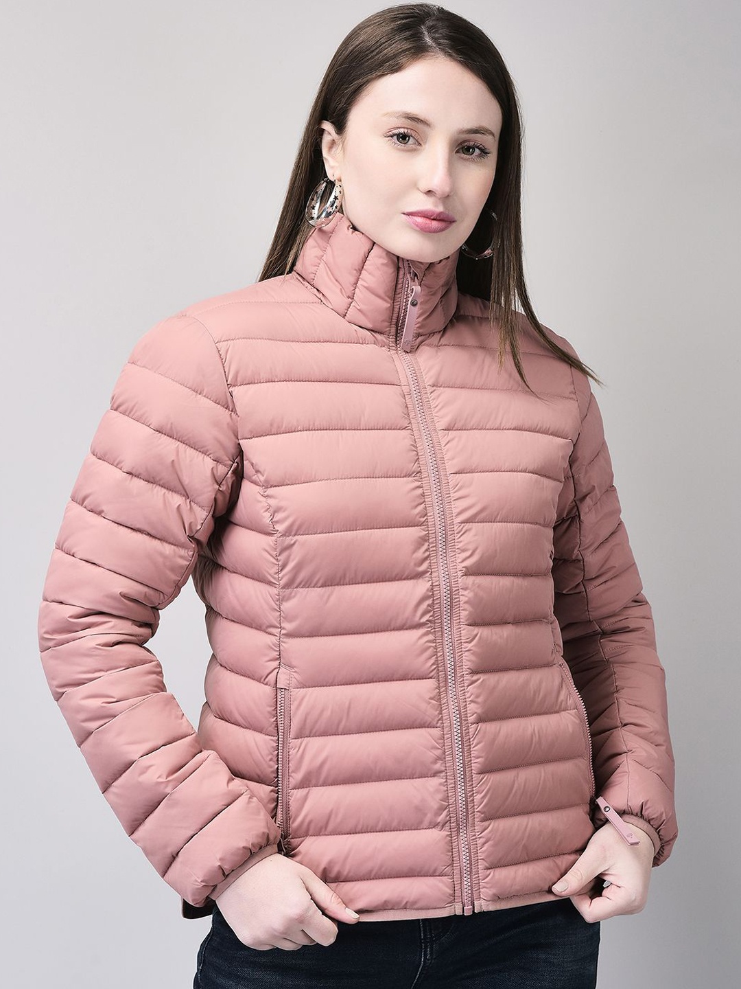 

Woodland Mock Collar Solid Casual Puffer Jacket, Rose gold