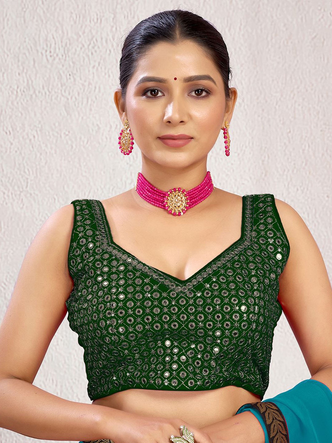 

KALINI Embellished Fully Stitched Padded Saree Blouse, Green