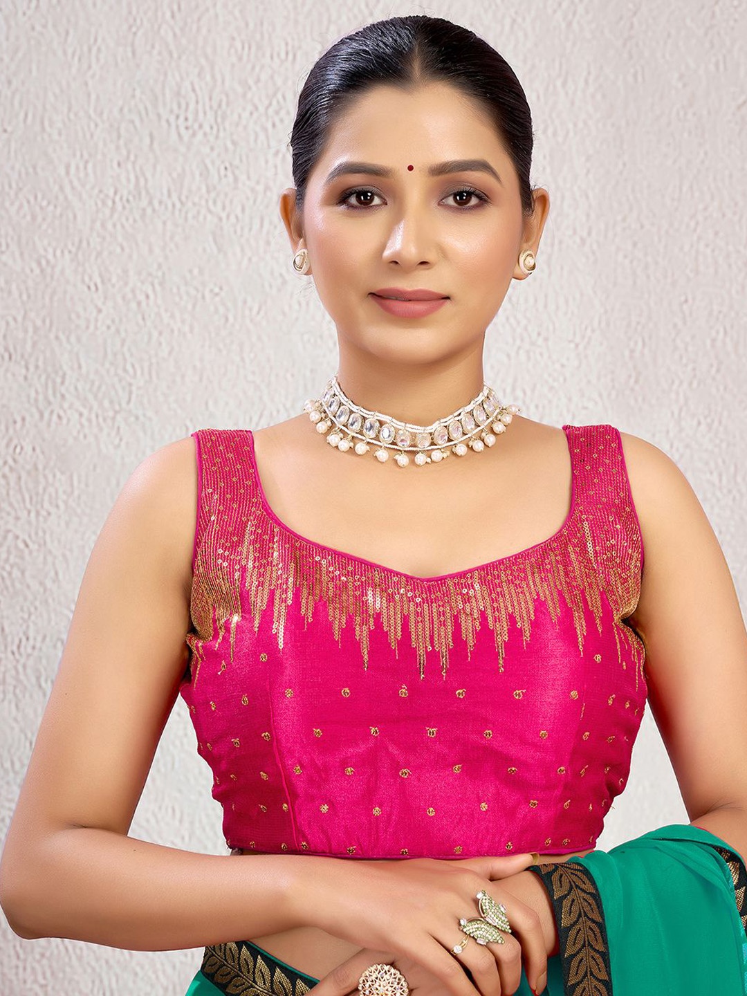 

KALINI Sequinned Fully Stitched Padded Saree Blouse, Pink