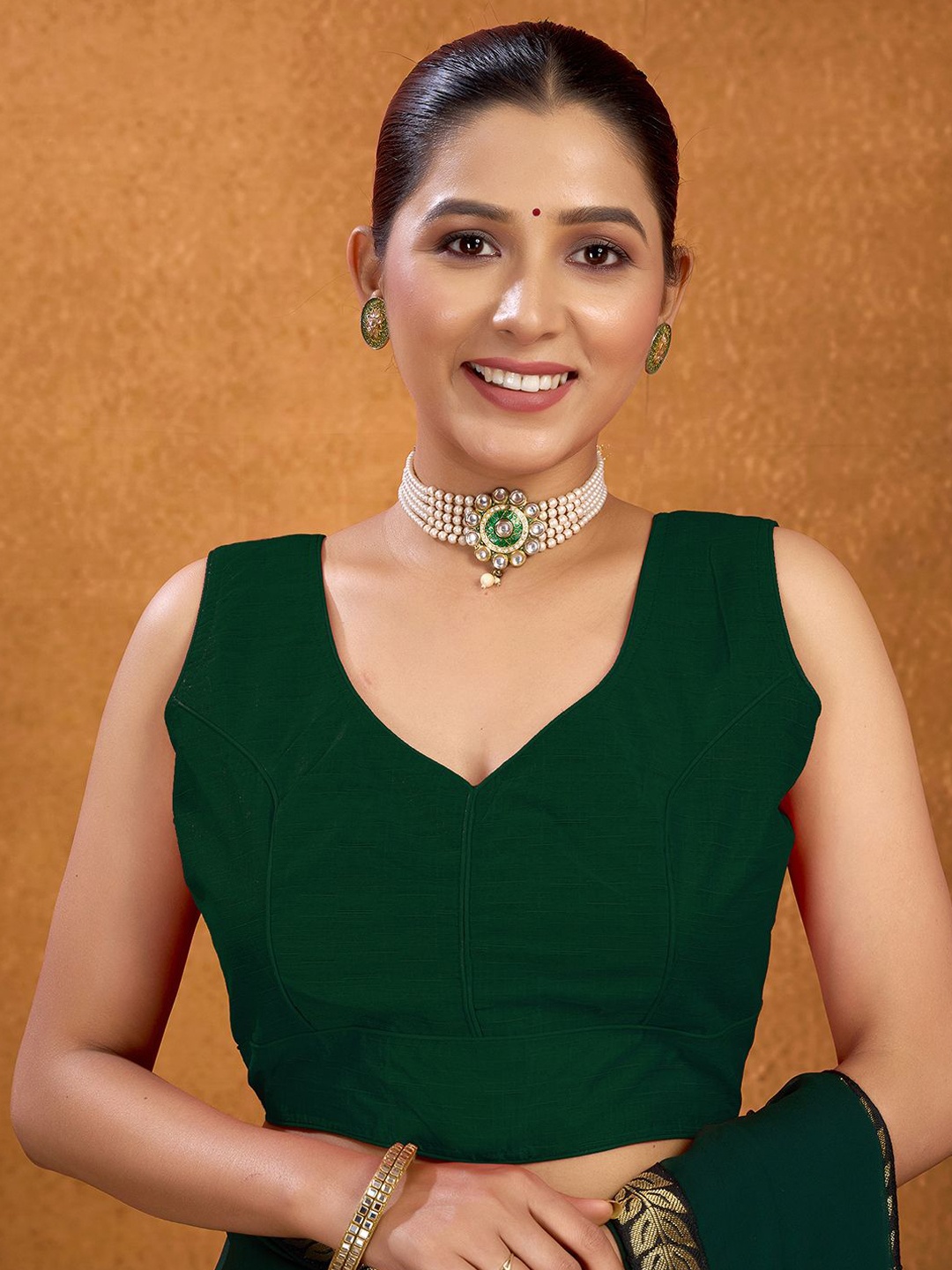 

KALINI V-Neck Padded Sleeveless Saree Blouse, Green