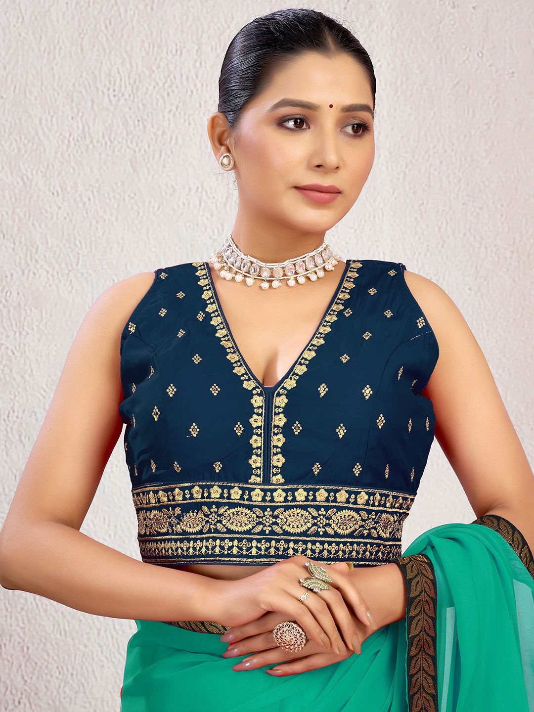 

KALINI Embroidered Padded Silk Saree Blouse, Teal