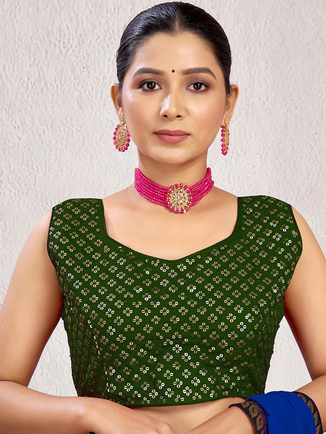 

KALINI Sequinned Fully Stitched Padded Saree Blouse, Green