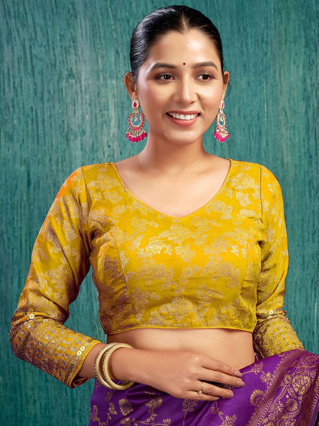 

KALINI Woven-Design Fully Stitched Padded Silk Saree Blouse, Mustard