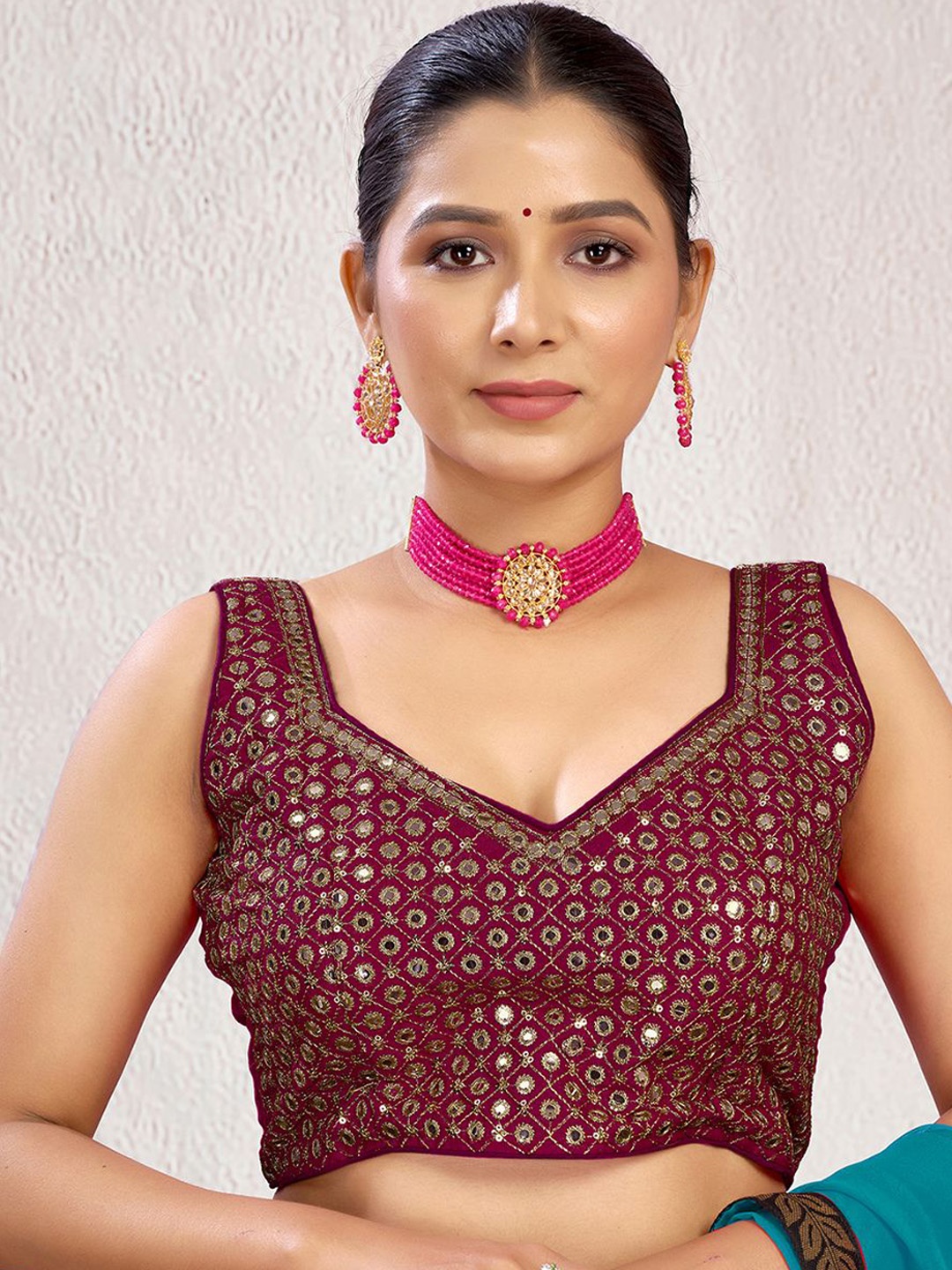 

KALINI Embellished Fully Stitched Padded Saree Blouse, Maroon
