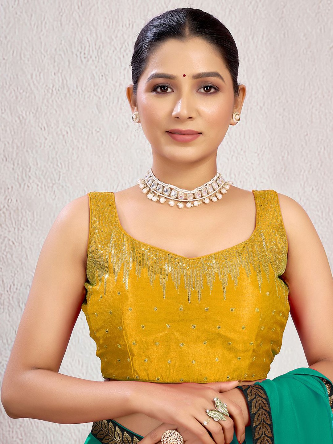 

KALINI Women Embellished Padded Saree Blouse, Mustard