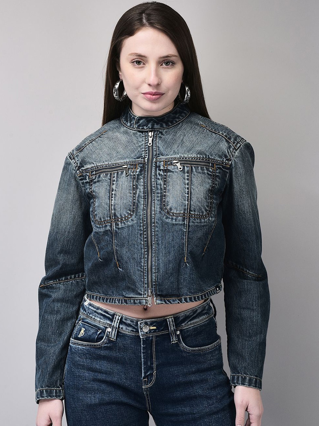 

Woods Women Mandarin Collar Washed Solid Cotton Casual Denim Jacket, Blue