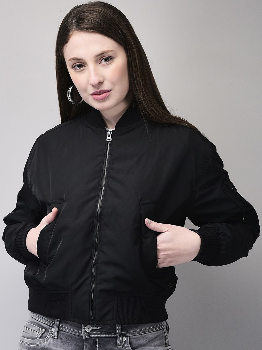 

Woods Women Stand Collar Solid Casual Bomber Jacket, Black