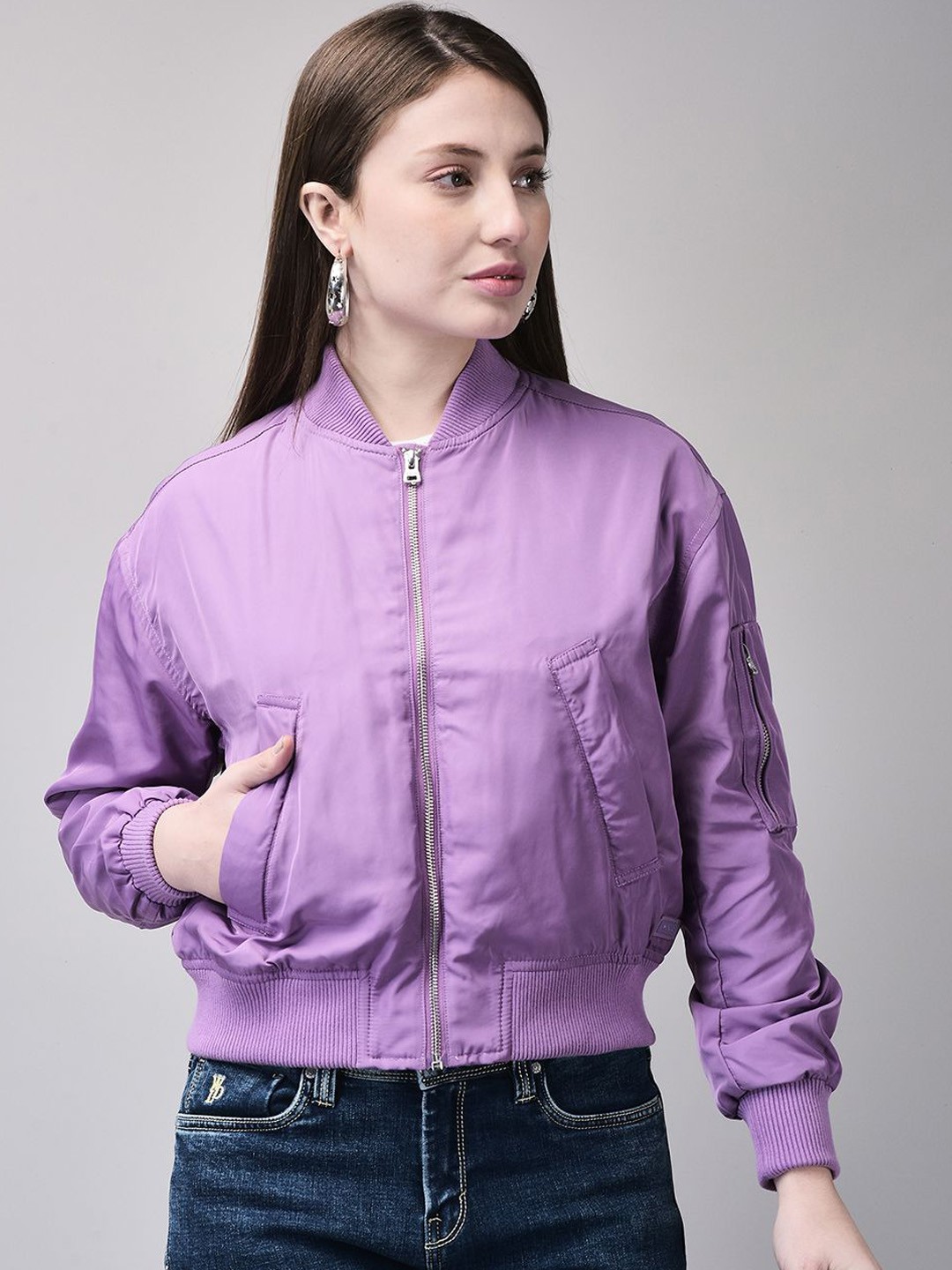 

Woods Women Solid Mandarin Collar Bomber Jacket, Lavender