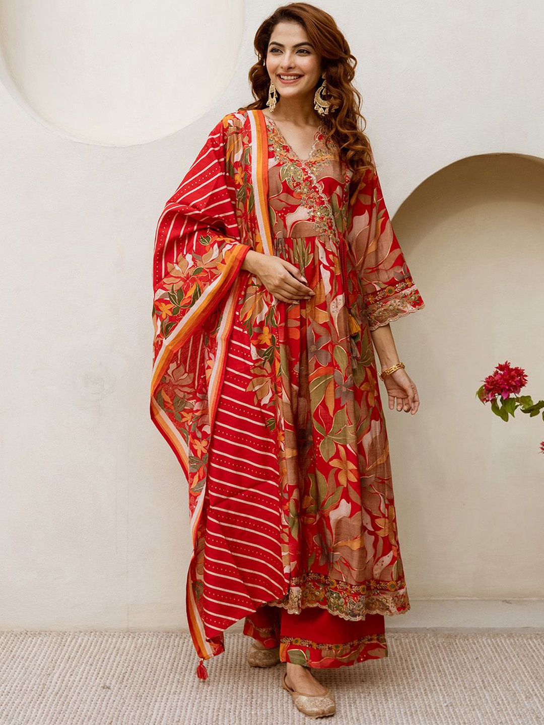 

Ishin Floral Printed Pure Cotton Thread work Anarkali Kurta With Palazzos And Dupatta, Red